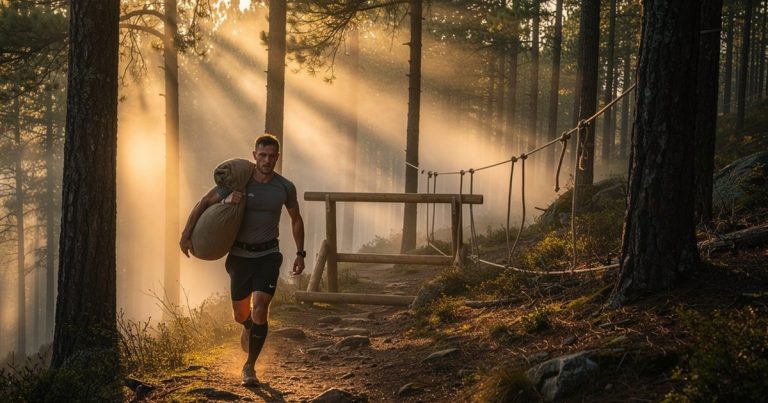 OCR athlete training on a mountain trail with obstacles at dawn