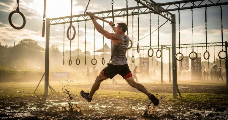 OCR athlete traversing a multi-rig obstacle at a race course