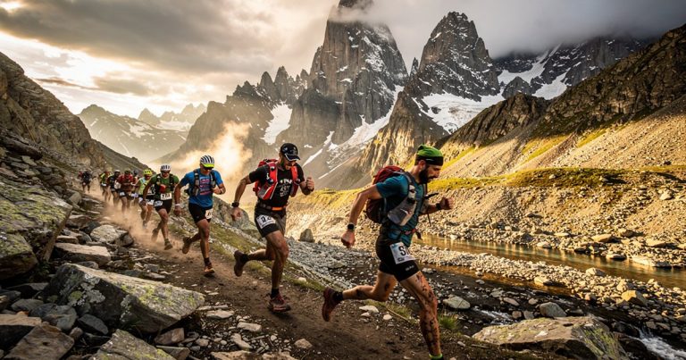 Obstacle course race at high altitude mountain terrain
