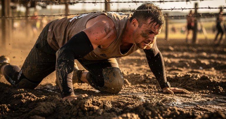 OCR athlete wearing compression arm sleeves and knee pads crawling under barbed wire obstacle