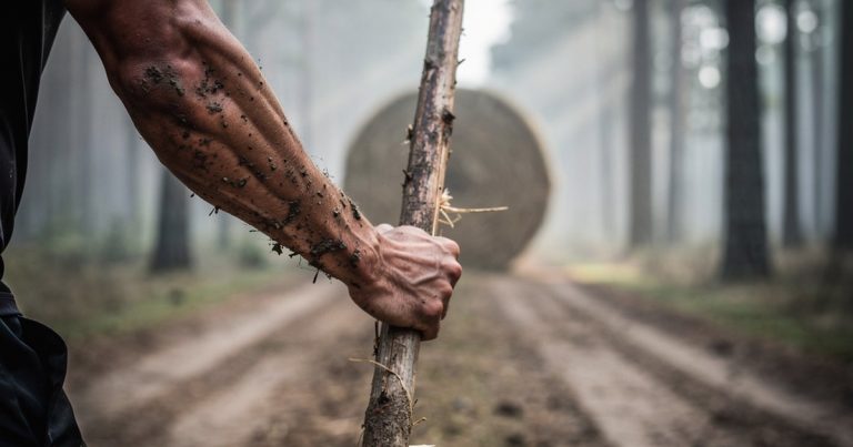 OCR athlete preparing to throw a spear at a hay bale target on a race course