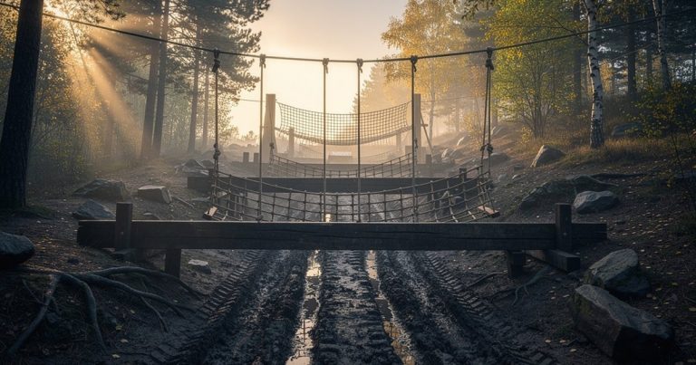 Grassroots OCR race course at dawn with rope obstacles in a forest clearing