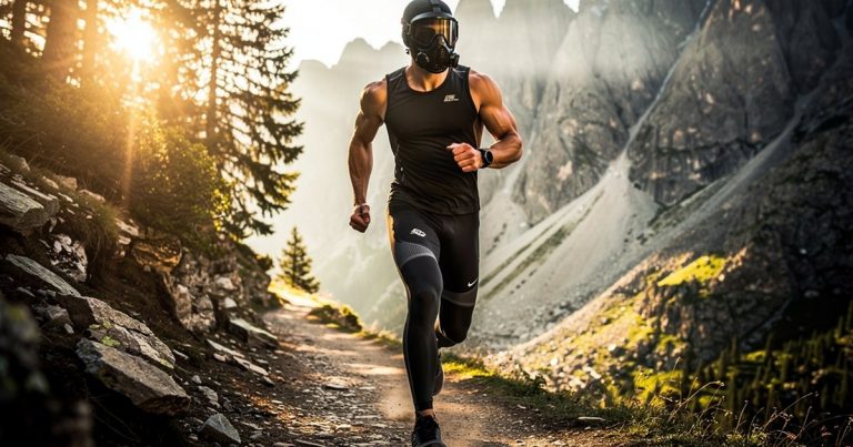 OCR athlete training with a resistance breathing mask on a mountain trail
