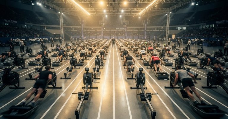 Indoor functional fitness competition arena with athletes competing on multi-zone course