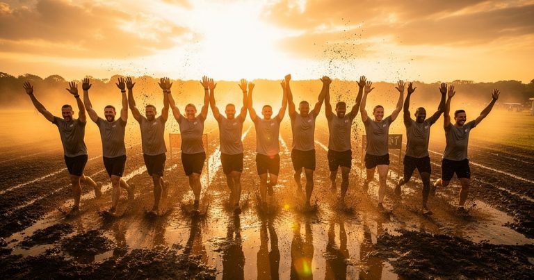 Corporate team athletes crossing an OCR finish line together at golden hour