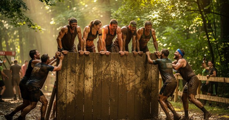 OCR race team helping each other over a wall obstacle mid-race in a forested course