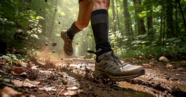 OCR athlete's legs with calf sleeves and trail gaiters running through muddy forest terrain