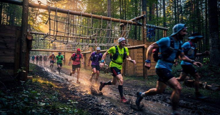 OCR athletes racing through a multi-obstacle forest course at golden hour