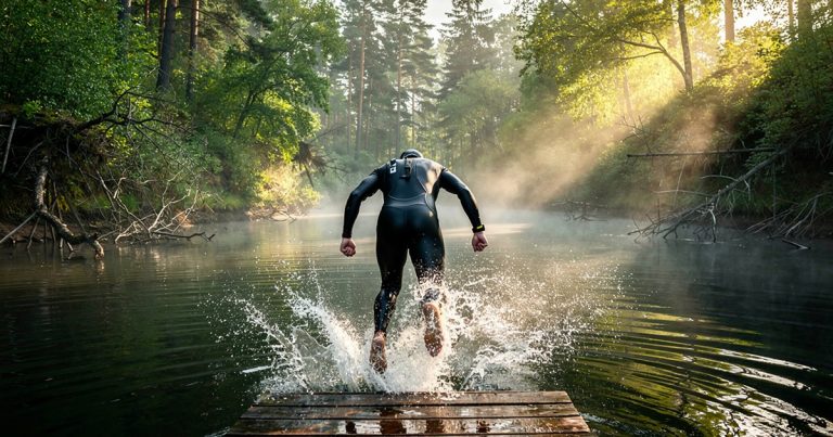 OCR athlete entering a water crossing obstacle during a race