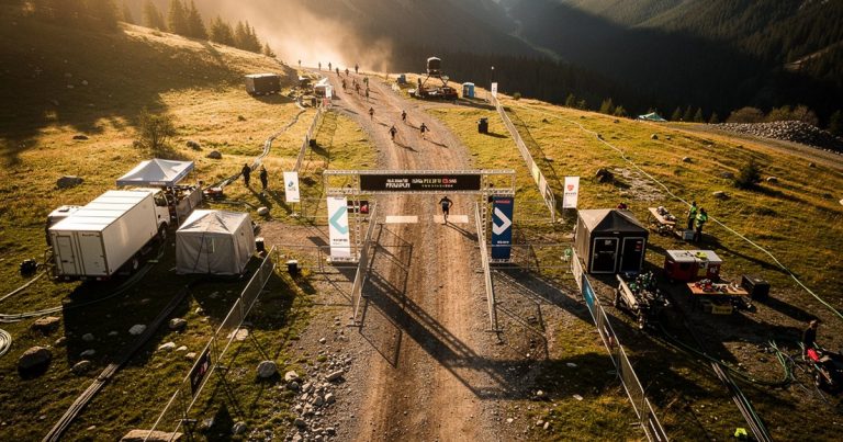 Aerial view of an OCR race event venue in a mountain valley