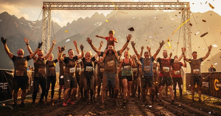 OCR athlete parent celebrating at finish line with child on shoulders