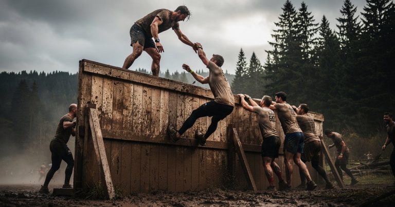 OCR athletes helping each other over a wall obstacle on a muddy race course