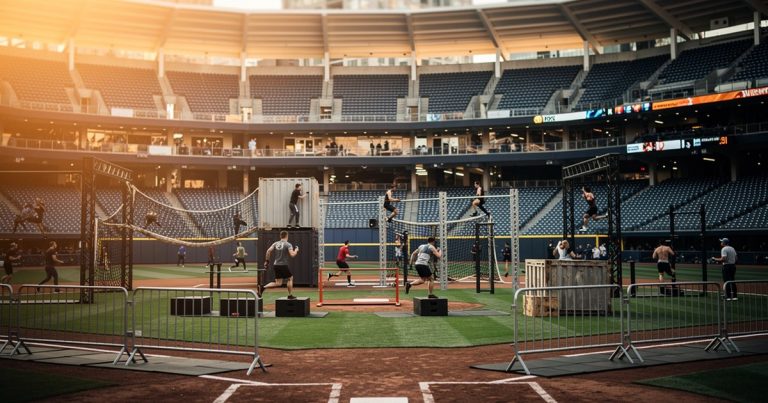 Athletes racing through a stadium obstacle course during a Spartan Stadion event