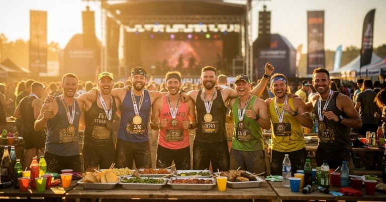 Muddy OCR athletes celebrating at a post-race festival village with finisher medals