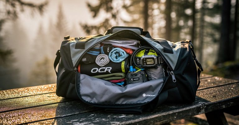 Packed OCR race day gear bag on a wooden table in a misty mountain forest before race day