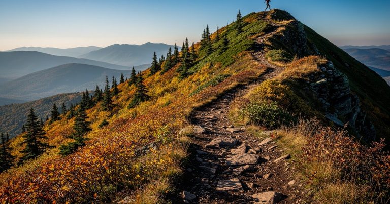 Steep Vermont mountain slope in fall foliage colors with a muddy OCR trail climbing toward the summit