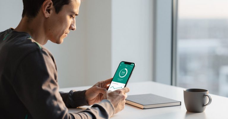 A person at a minimalist desk in early morning light, looking at a phone showing a teal discipline-tracking dashboard