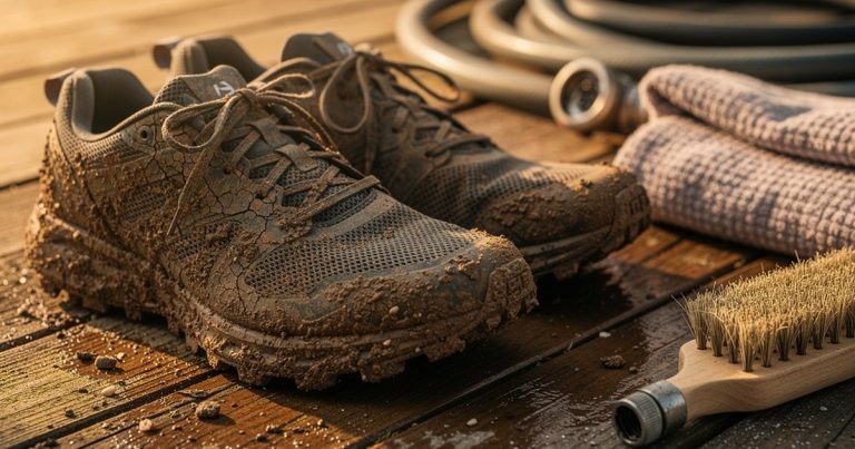 Mud-covered OCR trail running shoes being cleaned after a race