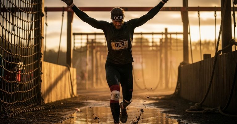 OCR athlete crossing the finish line after injury comeback