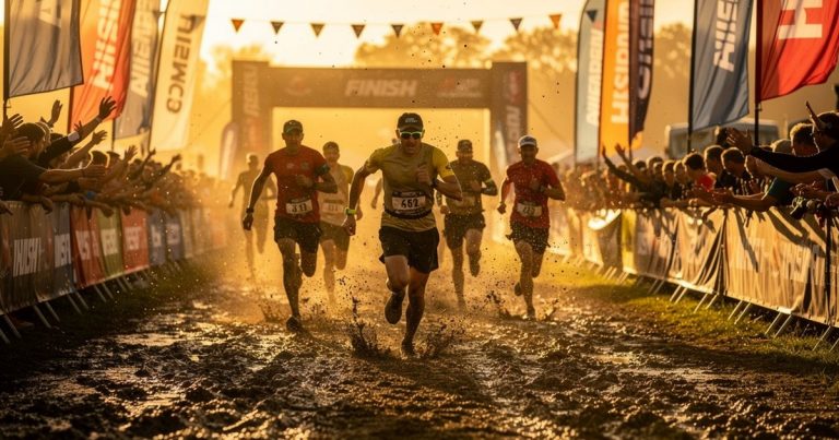 OCR athletes crossing a race finish line at golden hour