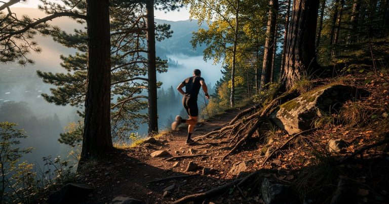 OCR athlete running uphill on a forested trail at dawn for periodized training