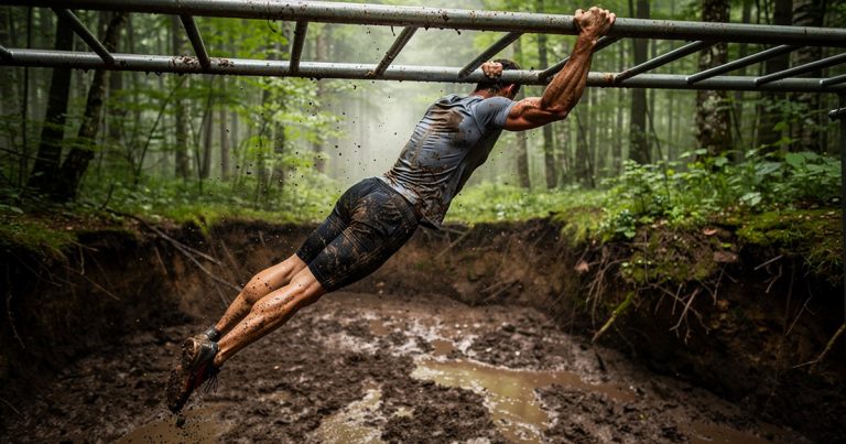 Endurance athlete on monkey bar obstacle on an OCR course