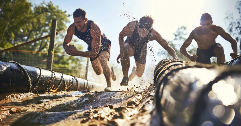 Athletes crawling over muddy logs at an obstacle course race in summer
