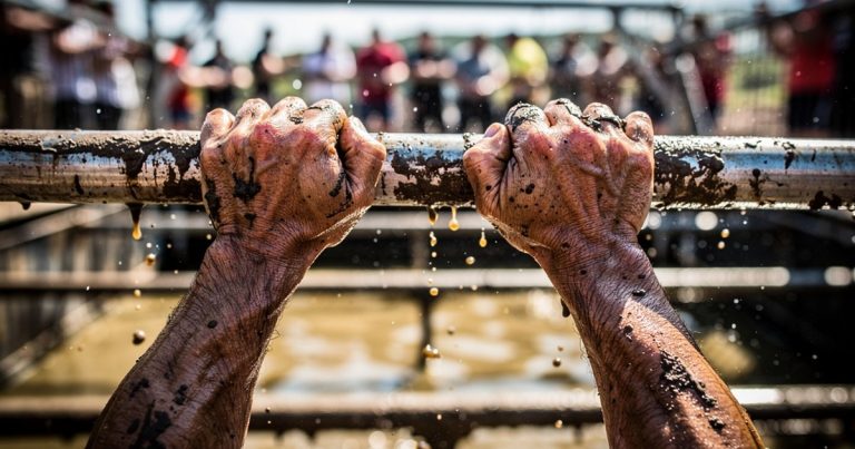 OCR athlete gripping rig obstacle with fatigued hands showing electrolyte depletion effects