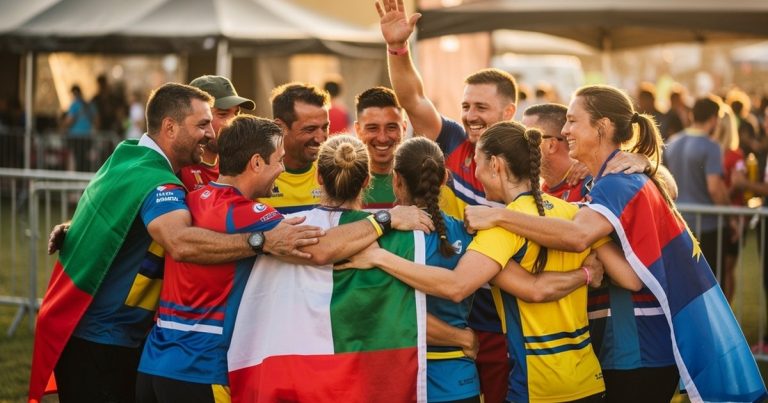 OCR athletes from multiple countries celebrating together at a world championship athlete village