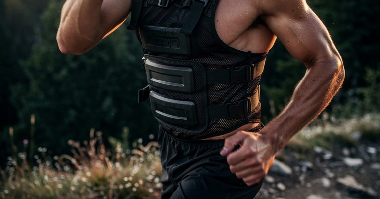 OCR athlete training with a weighted vest on a trail at dawn