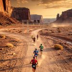 OCR athletes racing through desert terrain at golden hour with canyon landscapes
