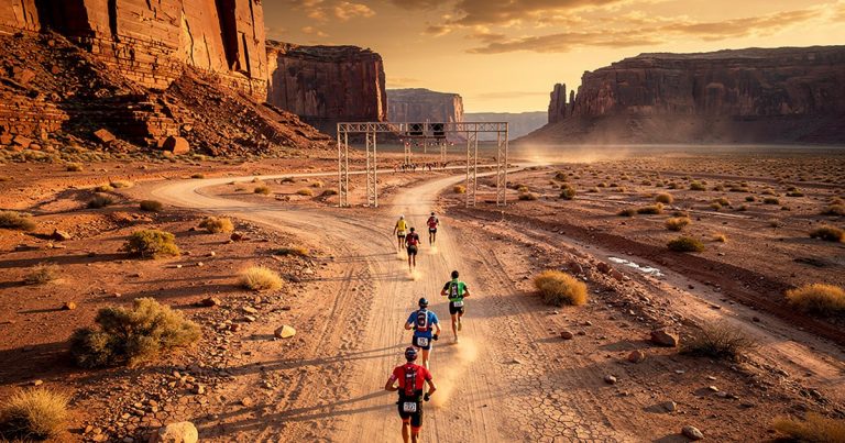 OCR athletes racing through desert terrain at golden hour with canyon landscapes