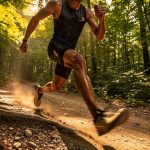 OCR athlete running fast on a rugged forest trail with cinematic lighting