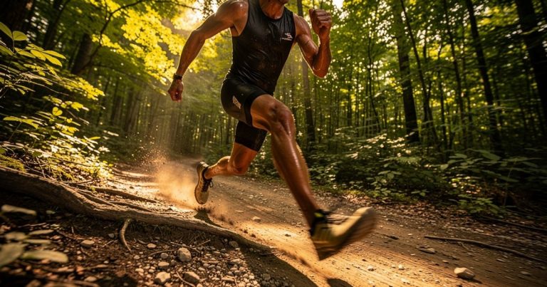 OCR athlete running fast on a rugged forest trail with cinematic lighting