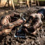 Muddy hands trying to open an energy gel packet during a long OCR race