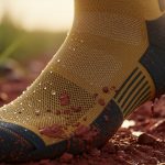 Close-up of OCR performance socks in mud on a trail course