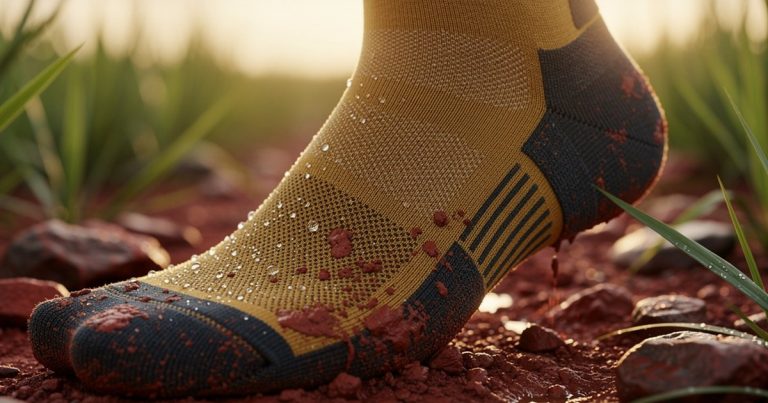 Close-up of OCR performance socks in mud on a trail course