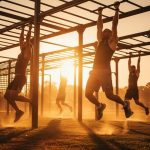 OCR coach working with athletes on an outdoor obstacle rig at sunset