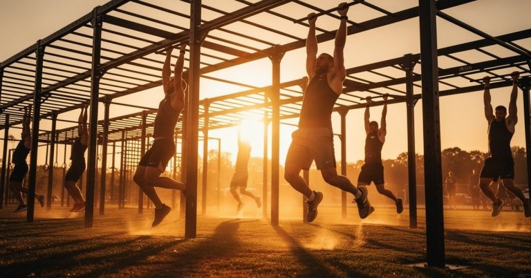 OCR coach working with athletes on an outdoor obstacle rig at sunset