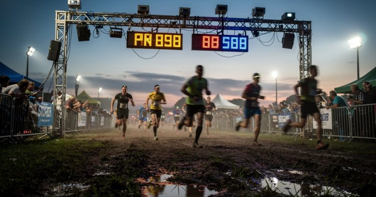 Electronic race timing gantry at an obstacle course racing finish line