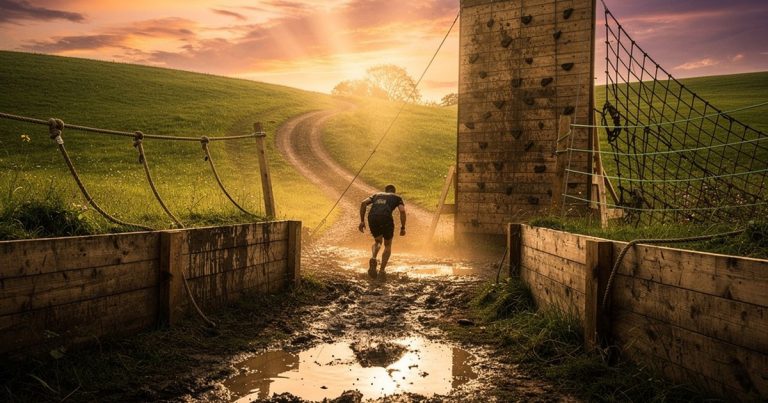 OCR athlete silhouette approaching climbing wall obstacle at golden hour on a rolling race course