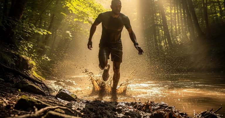 OCR athlete pushing through a muddy river crossing on a challenging obstacle course trail