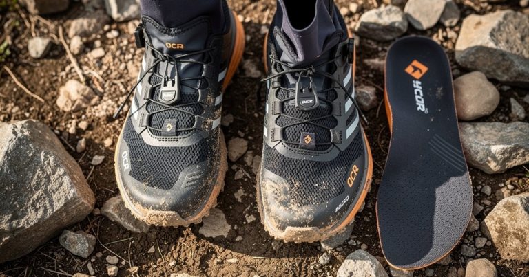 OCR trail running shoes with gaiters, lace locks, and insoles on rocky terrain