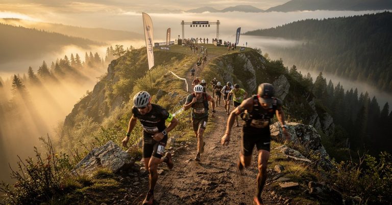 Elite OCR athletes racing at dawn on a mountain course with dramatic fog and golden light