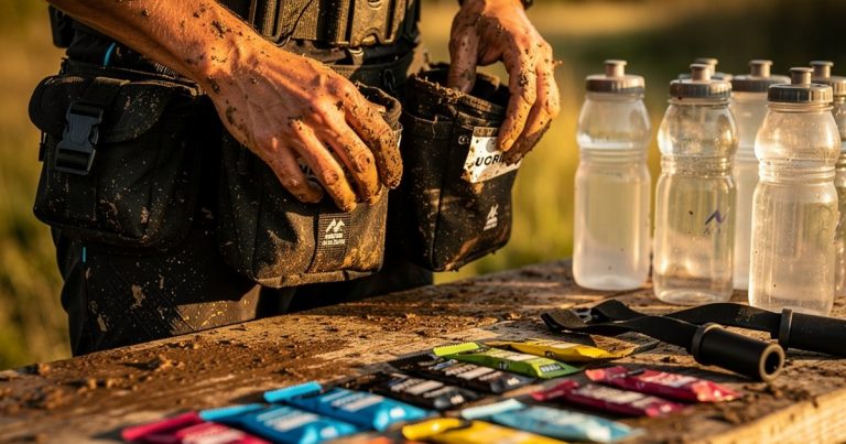 OCR athlete sponsorship gear and race belt on outdoor table at golden hour