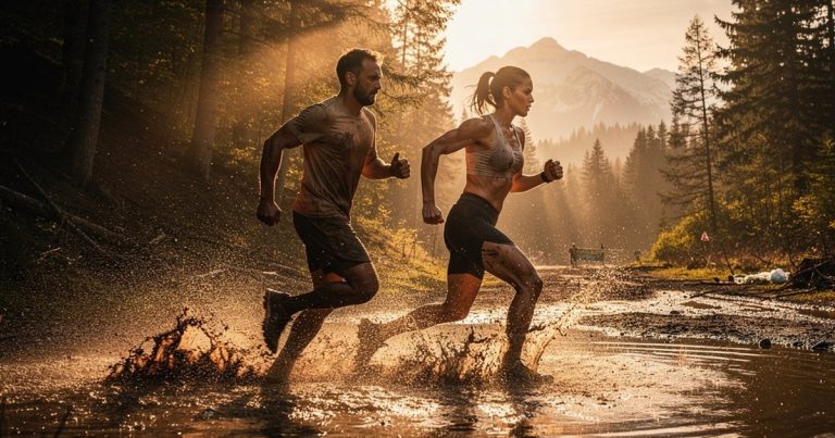 Two OCR athletes running side by side through a muddy obstacle course at golden hour