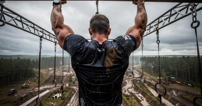 OCR athlete hanging from a rig obstacle showing pulling strength and back muscles
