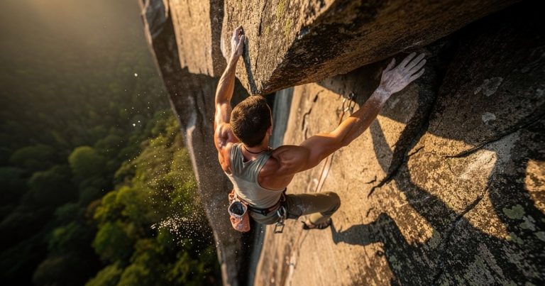 Rock climber on granite wall transitioning to OCR course obstacles