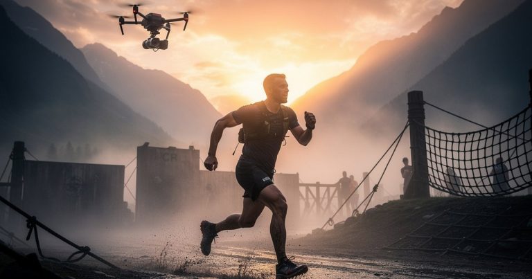 OCR athlete running through misty mountain course with drone camera overhead