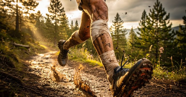 OCR athlete running on muddy trail with taped joints, golden light
